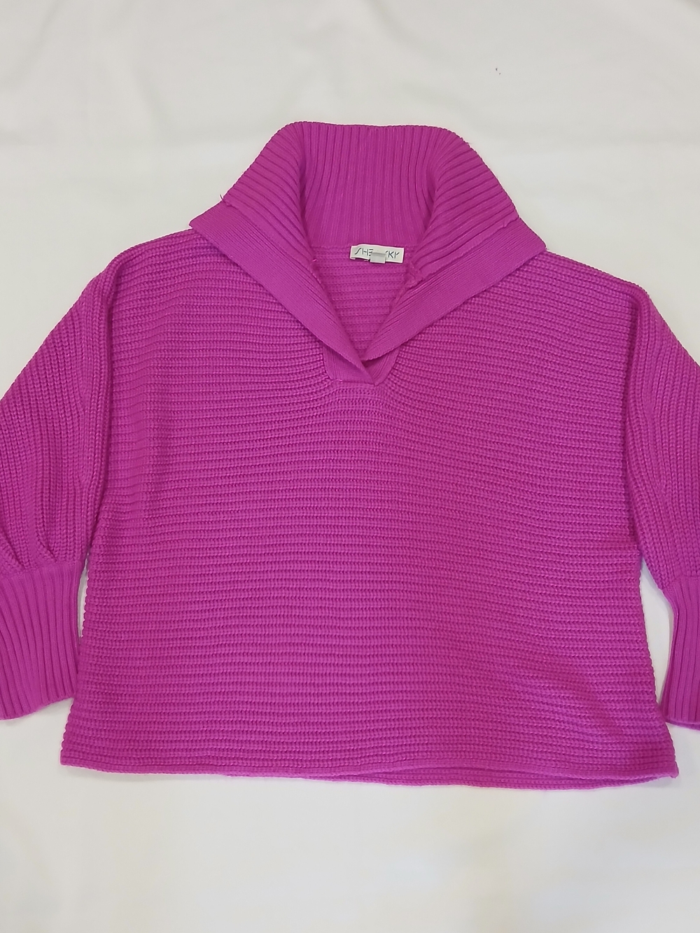 She+Sky Lg Magenta Cropped Chunky Ribbed Sweater Balloon Sleeves Johnny Collar